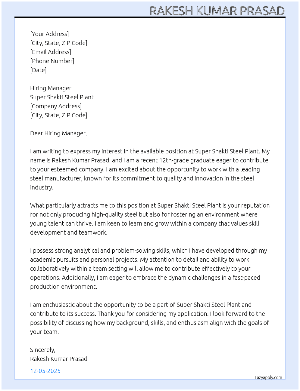 Cover letter for 12th pass - LazyApply