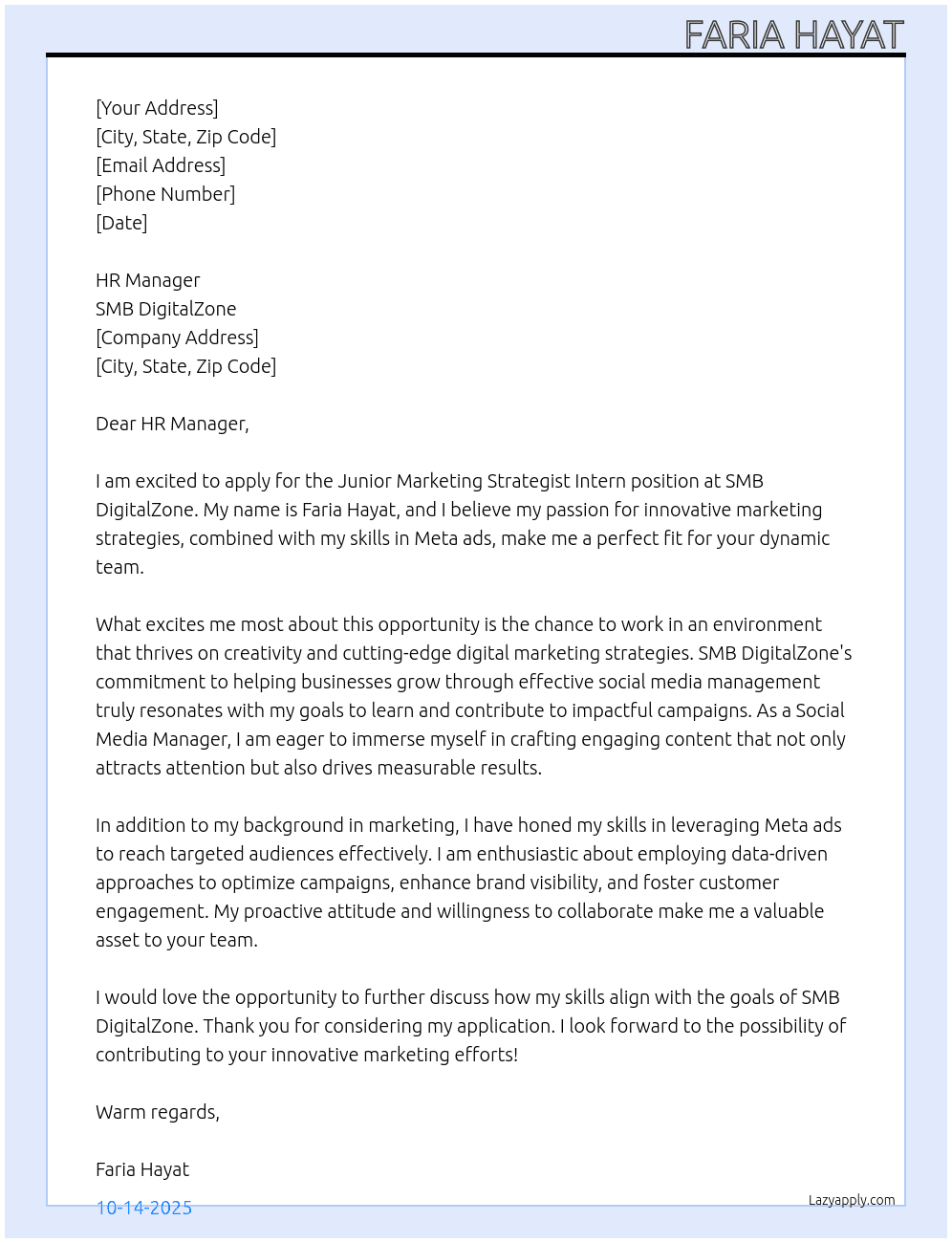 Junior marketing strategiest intern At SMB digitalzone Cover Letter