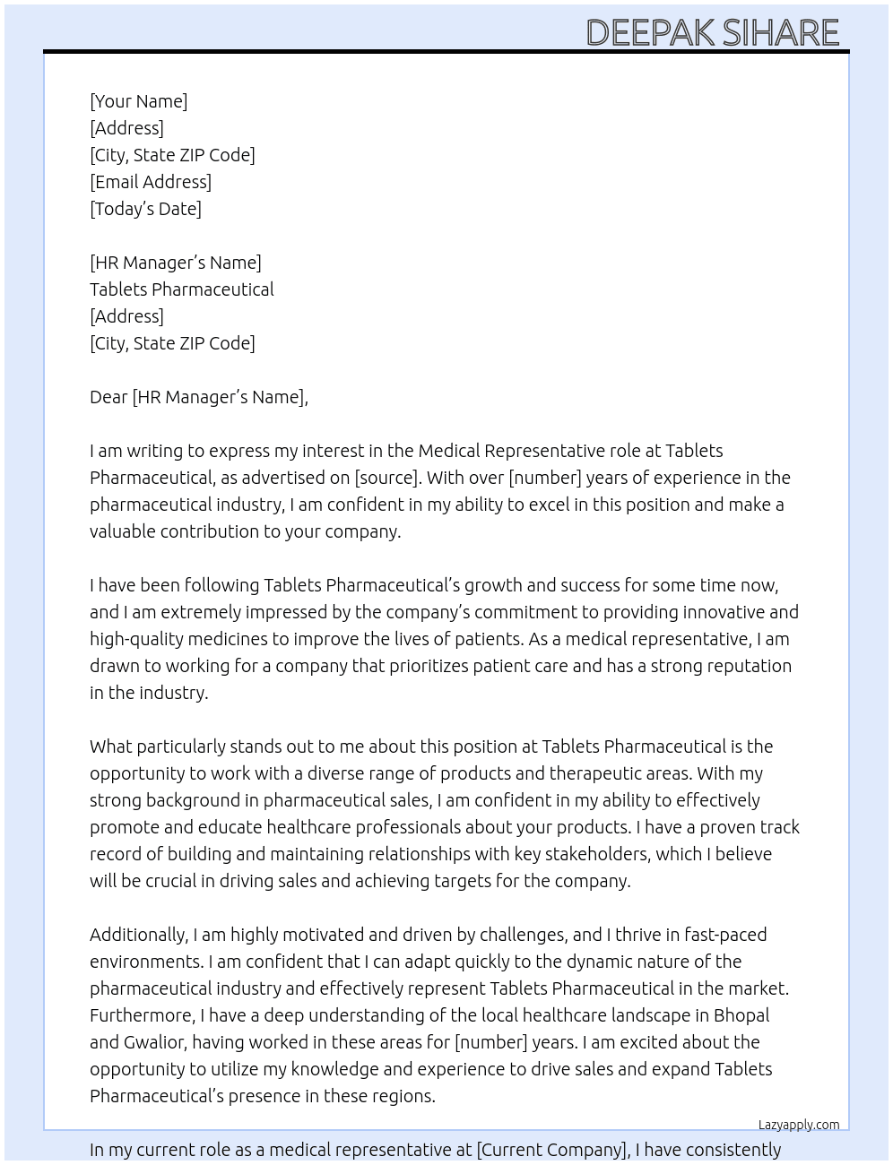 Medical representative  At Tablets pharmaceutical  Cover Letter