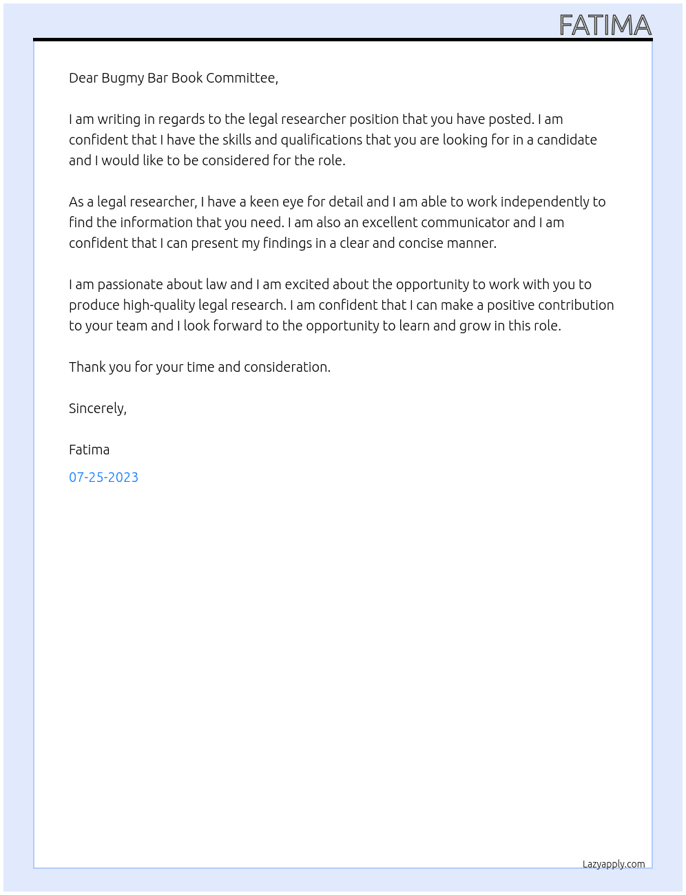 legal researcher At Bugmy Bar Book Cover Letter
