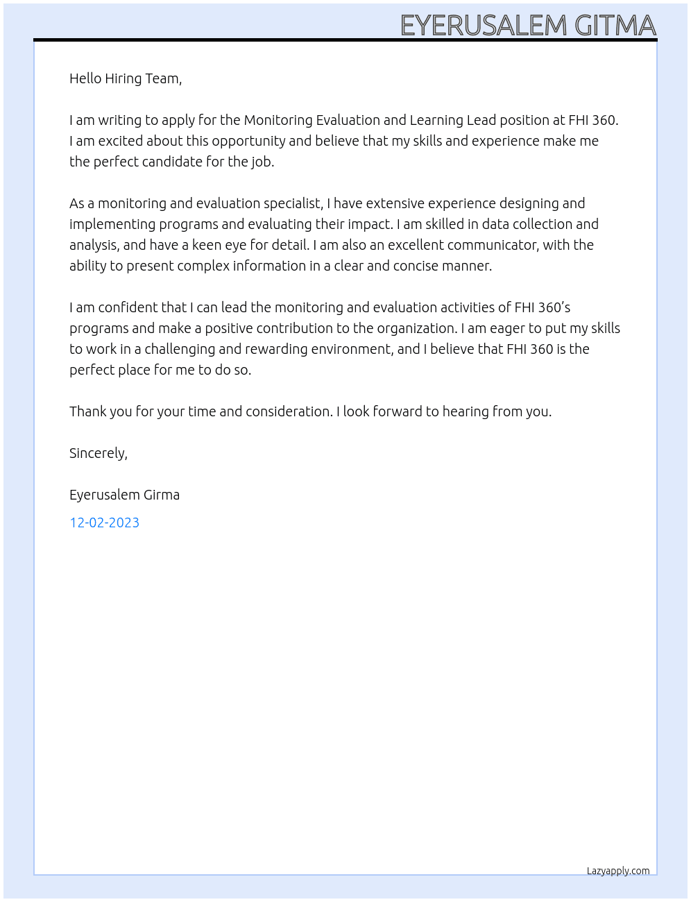 Monitoring Evaluation and Learning Lead At FHI 360 Cover Letter
