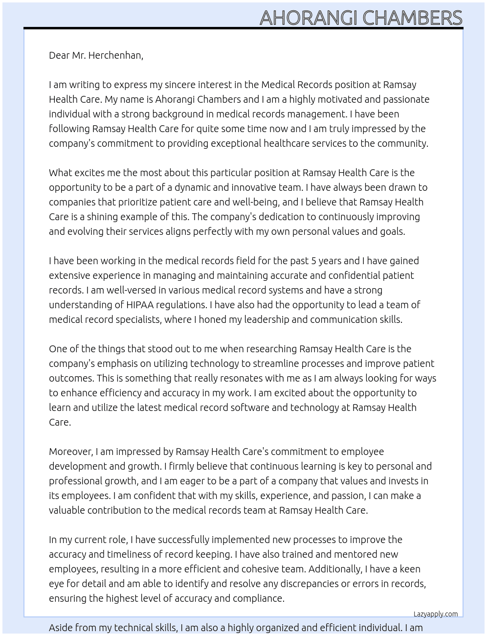 Medical Records At Ramsay Health Care Cover Letter