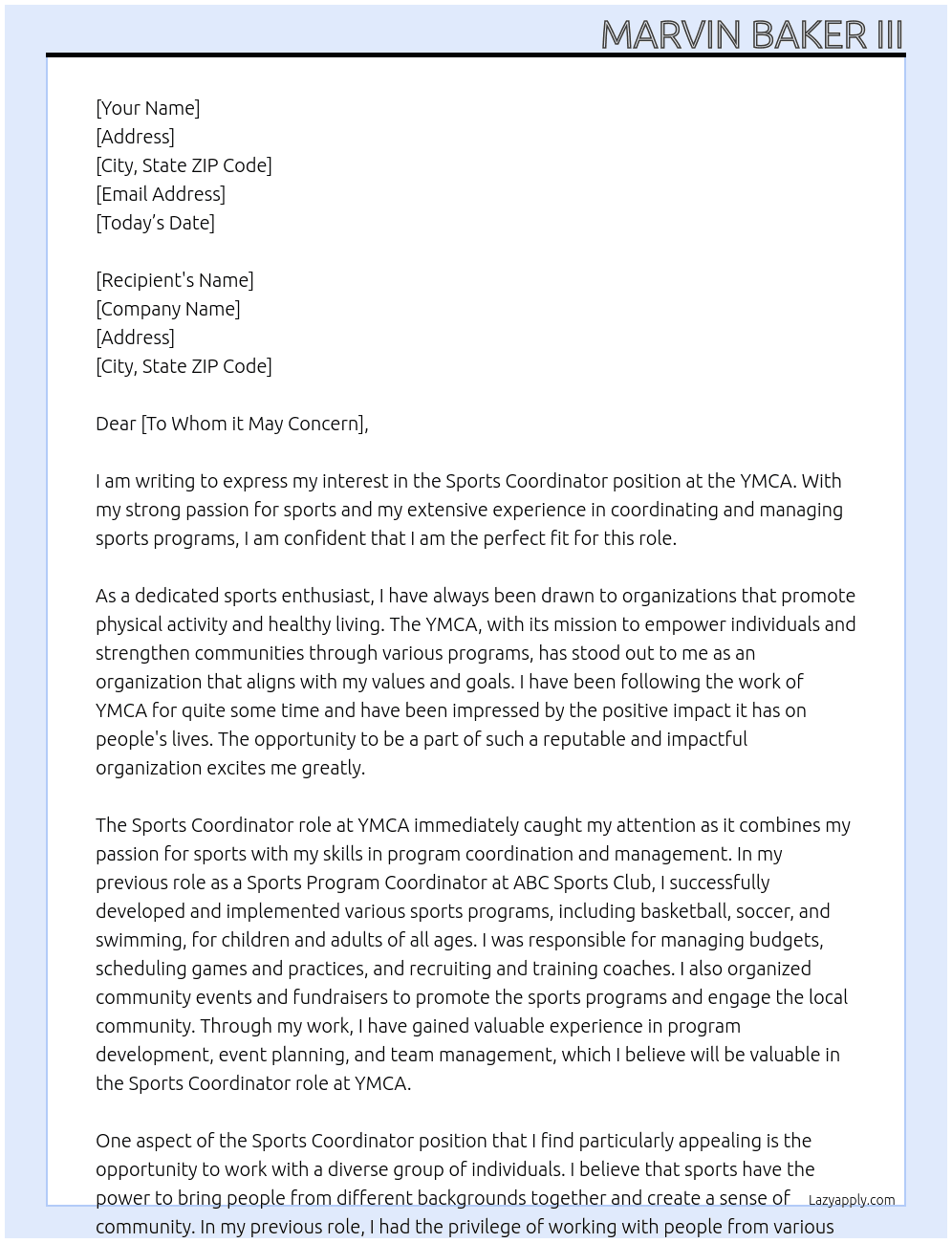 sports coordinator  At YMCA Cover Letter