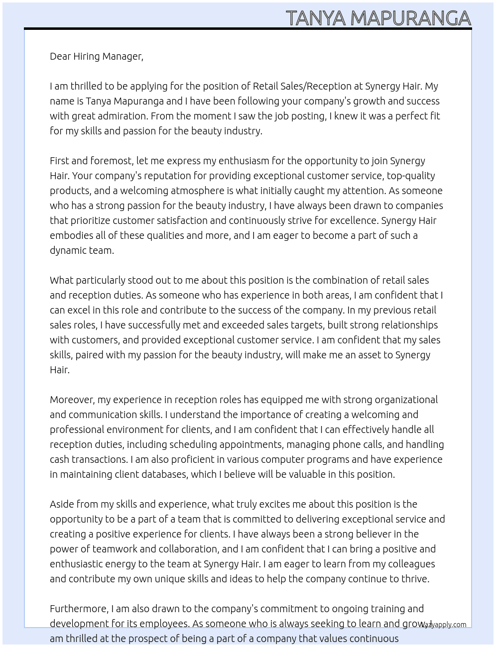 Cover letter for retail sales/reception - LazyApply