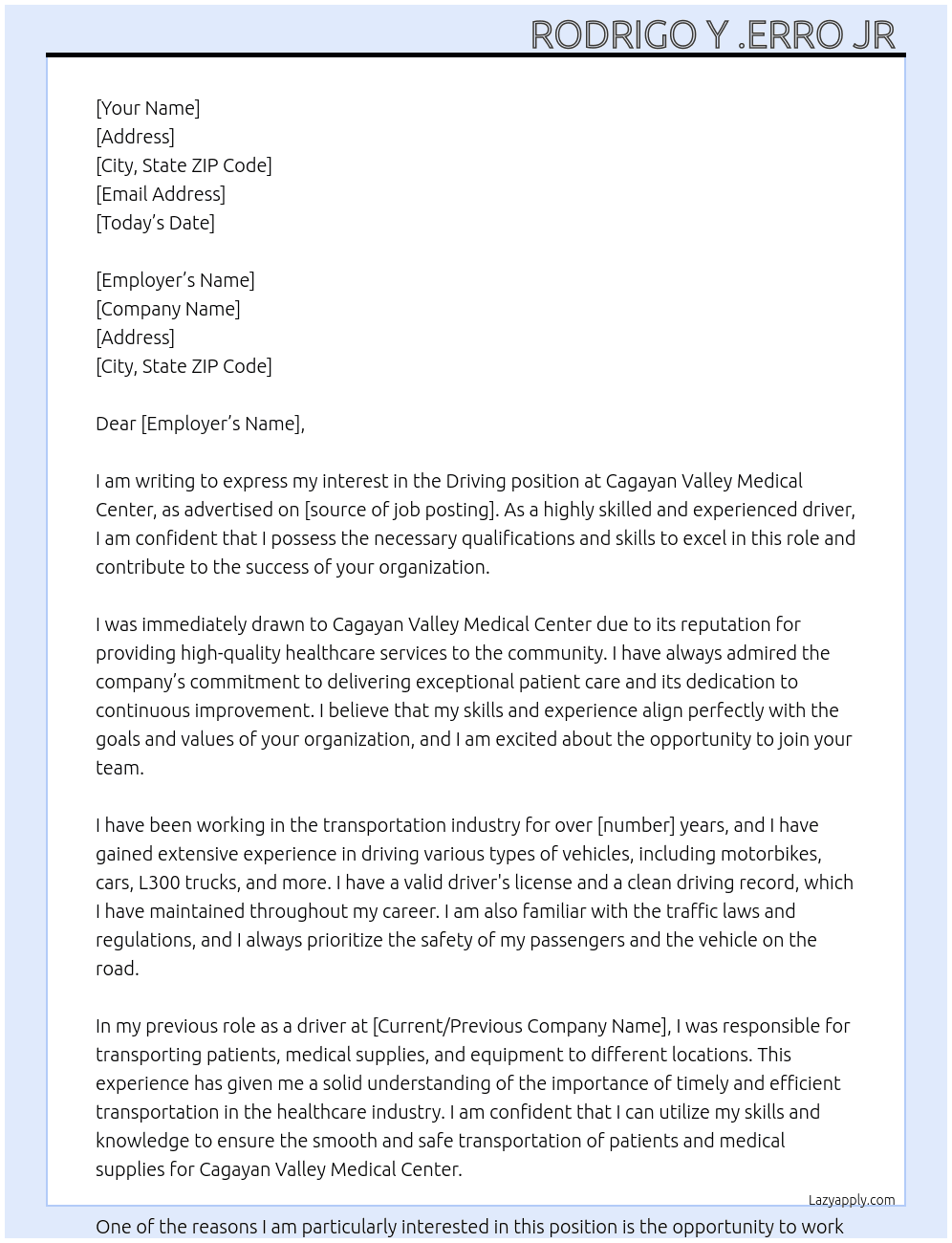 Driving  At Cagayan valley medical center  Cover Letter