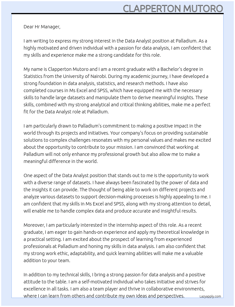 Data analyst At Palladium Cover Letter