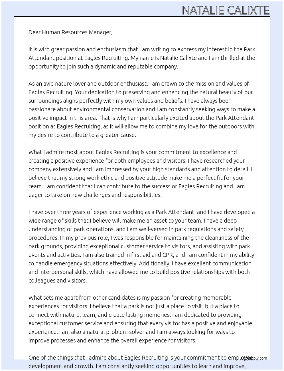 Park attendant At Eagles recruiting  Cover Letter