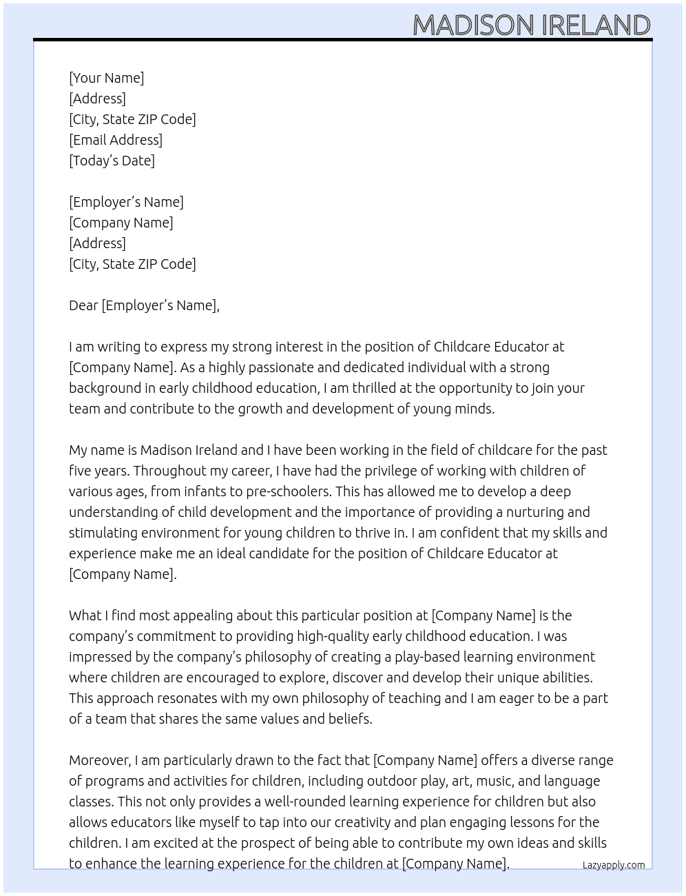 Childcare Educator At Educator Cover Letter