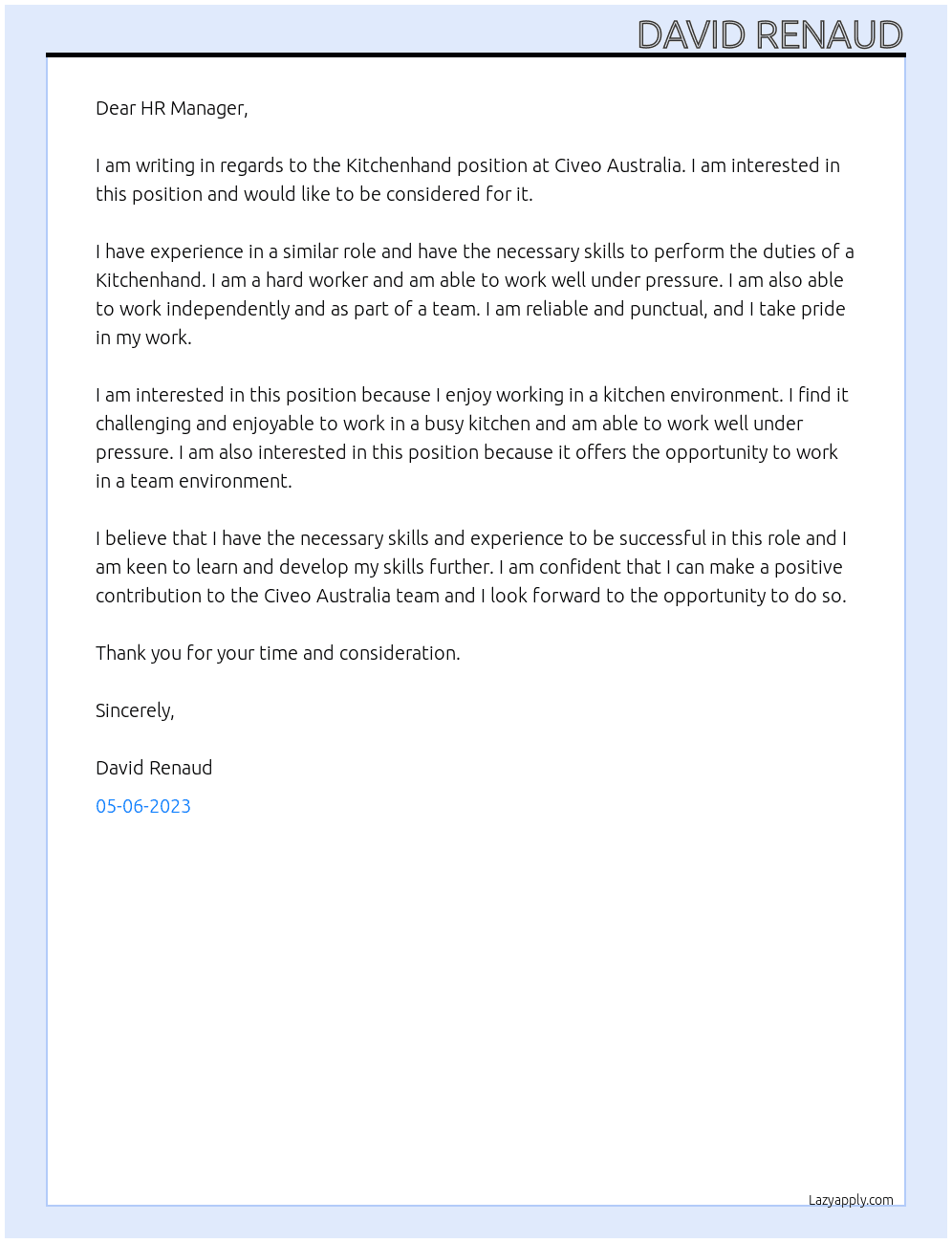 Kitchenhand At Civeo Australia Cover Letter