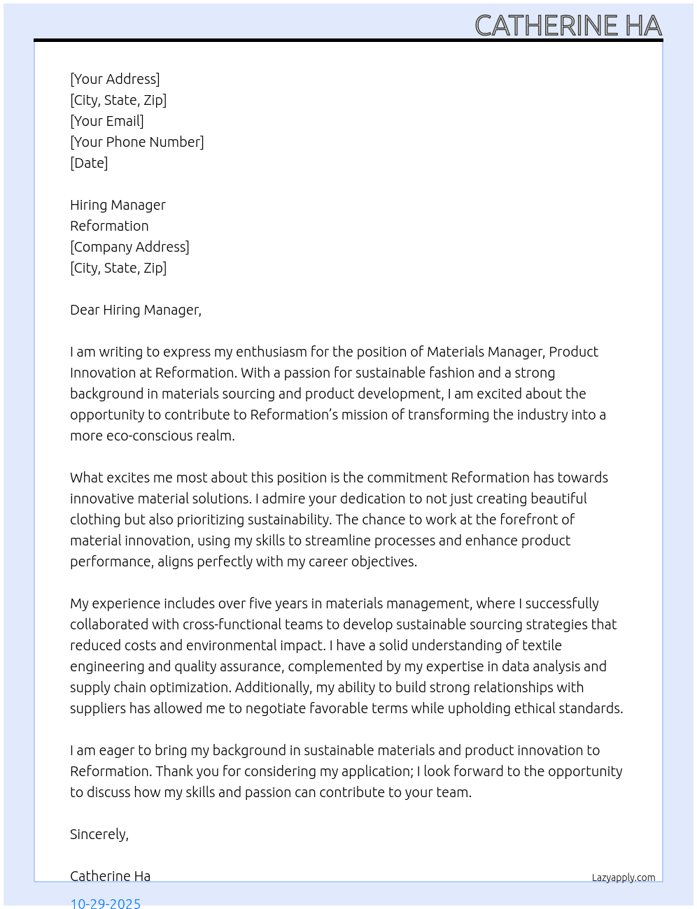 Materials Manager, Product Innovation At Reformation Cover Letter