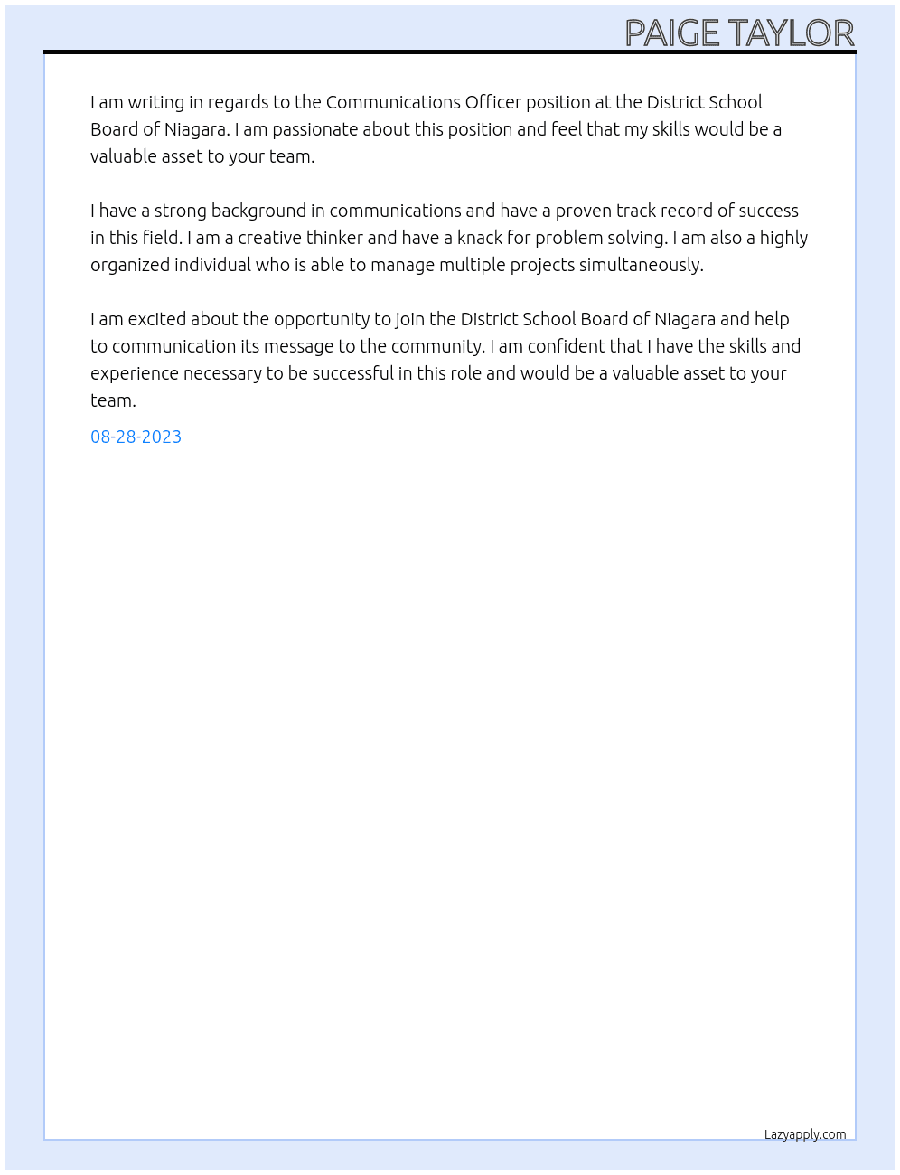 Communications Officer At District School Board of Niagara Cover Letter