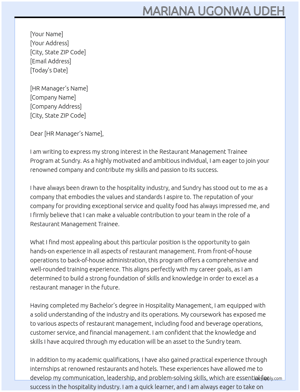 Restaurant management trainee program  At Sundry Cover Letter
