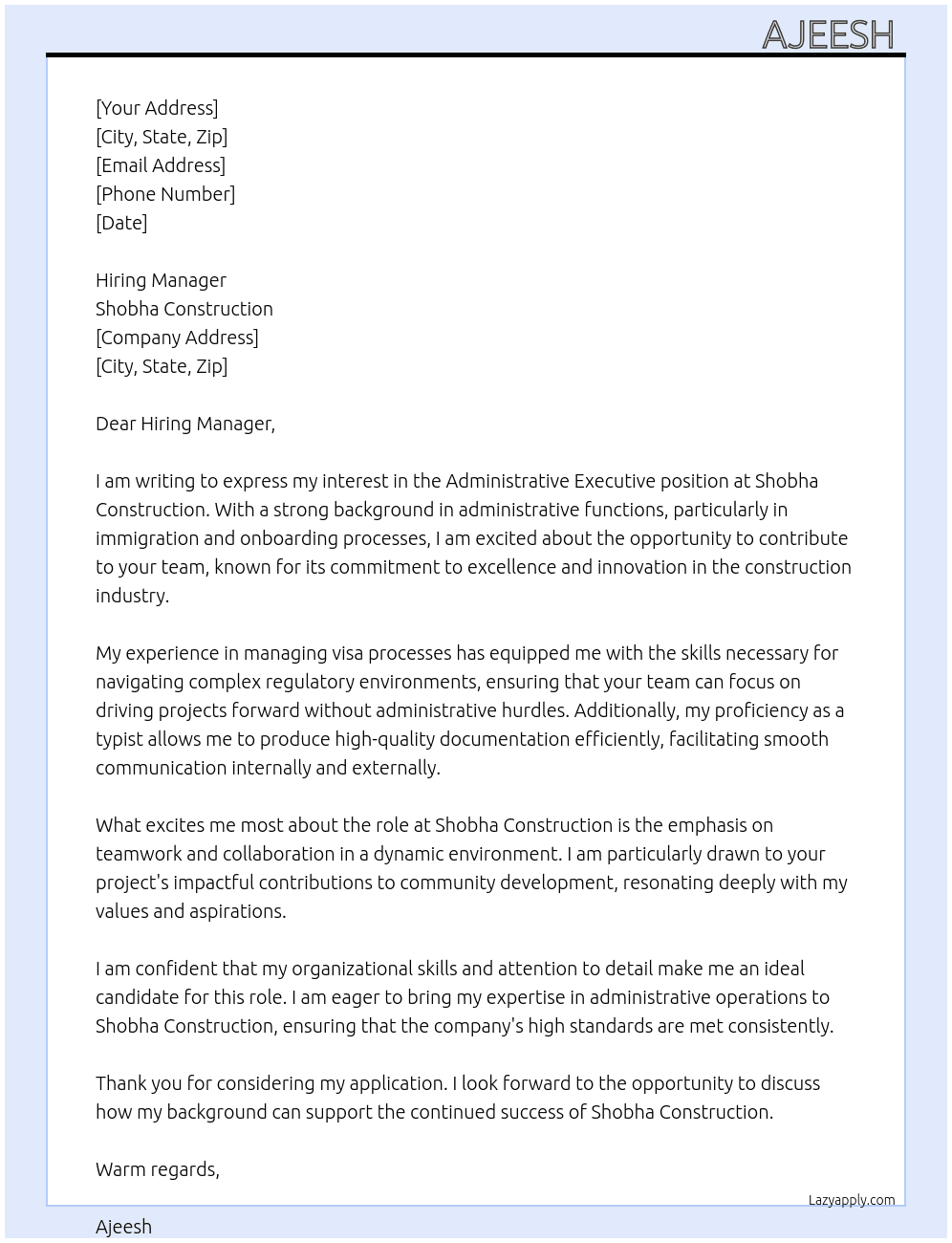 Administrative Executive At Shobha Construction Cover Letter