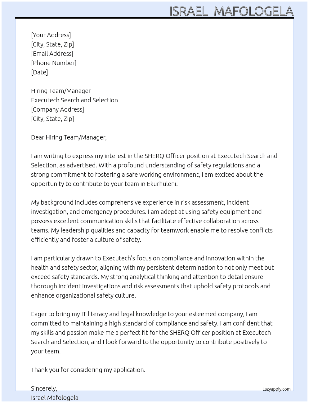 SHERQ Officer At Executech Search and Selection Cover Letter