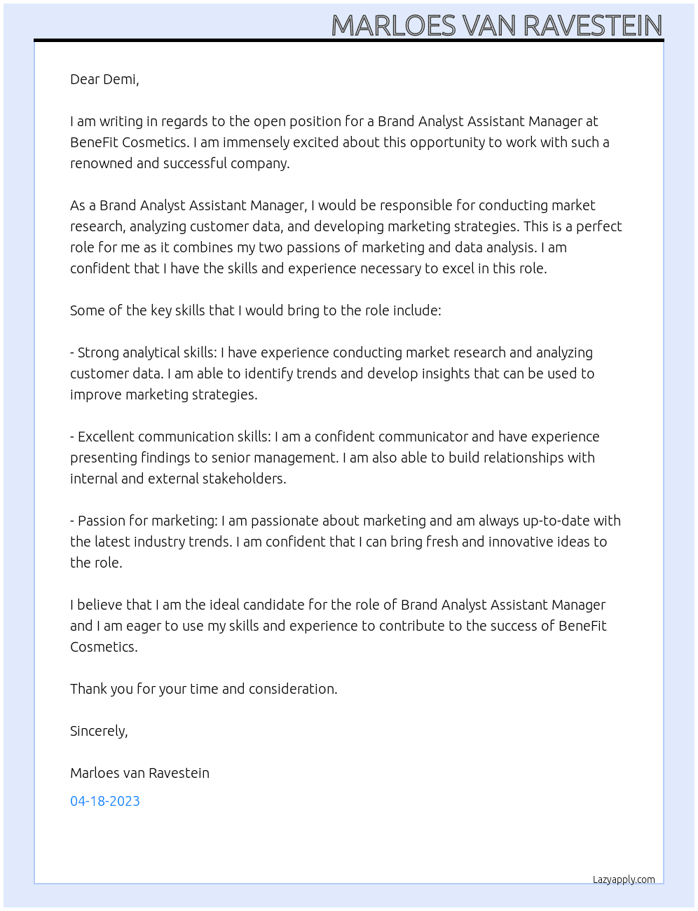 Brand Analyst Assistant Manager At BeneFit Cosmetics Cover Letter