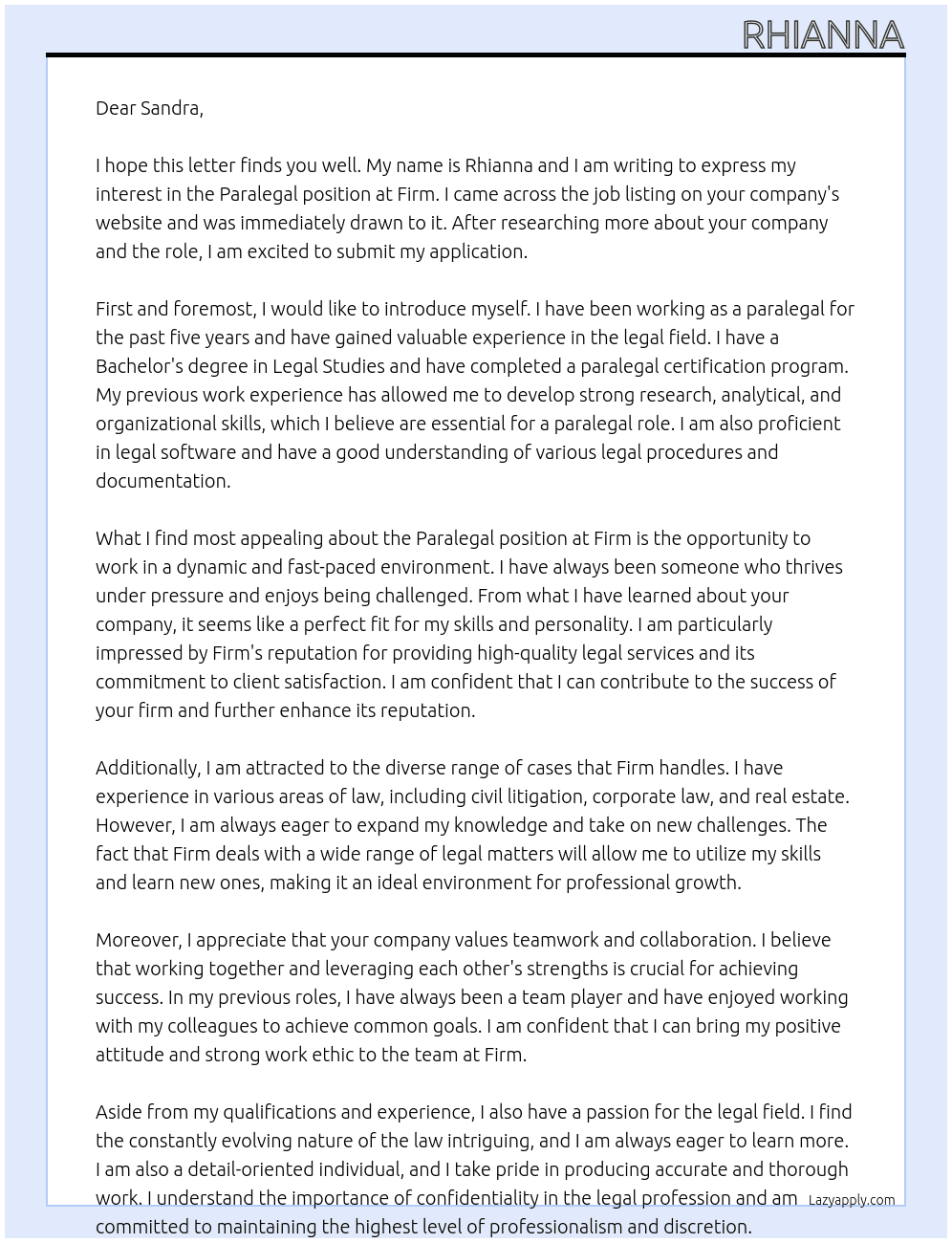 paralegal At Firm Cover Letter