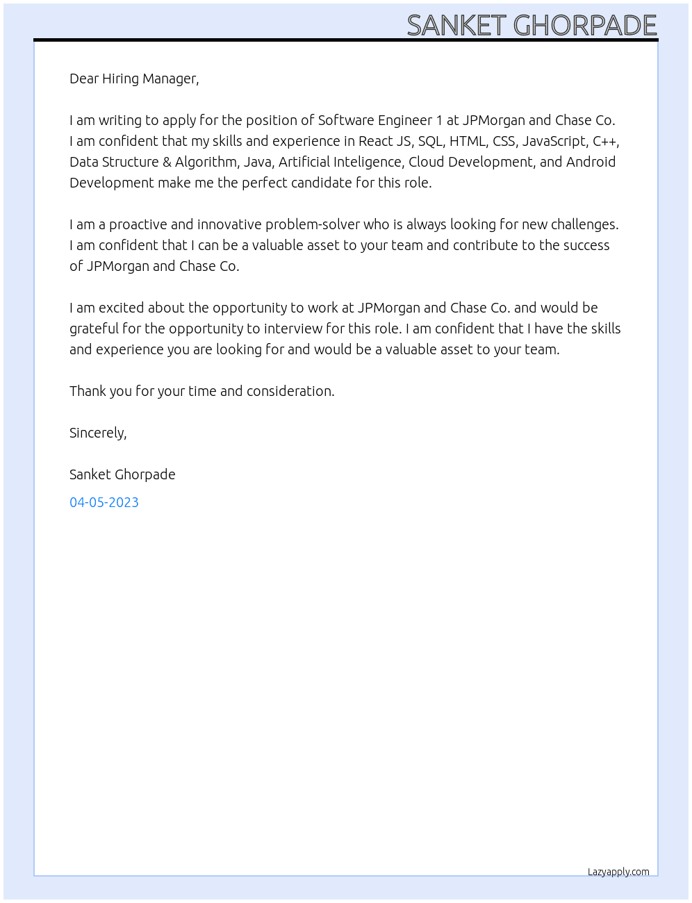 Software Engineer 1 At JPMorgan and Chase Co. Cover Letter