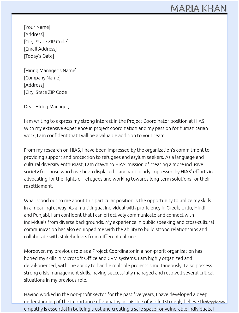 Project Coordinator At HIAS Cover Letter