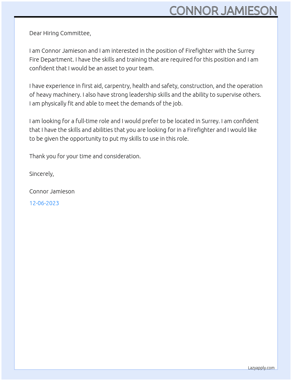 Firefighter At Surrey Fire Department Cover Letter