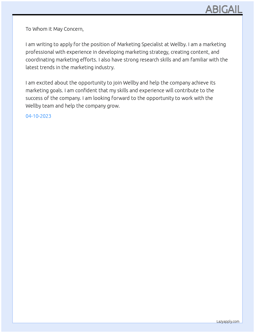 Marketing Specialist At Wellby Cover Letter