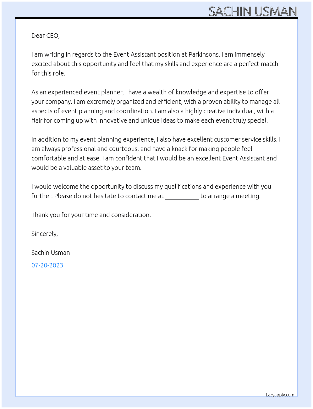 Event Assistant At Parkinsons Cover Letter