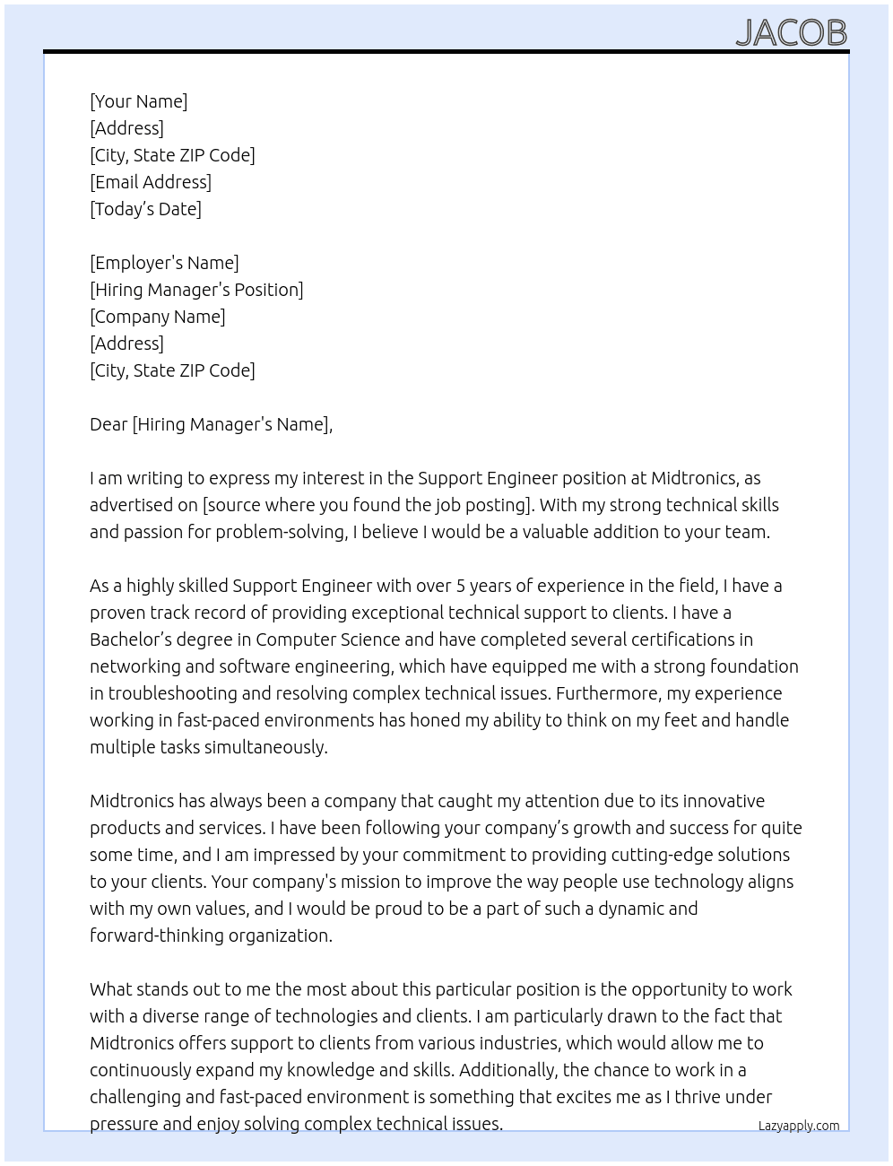 SUPPORT ENGINEER At Midtronics Cover Letter