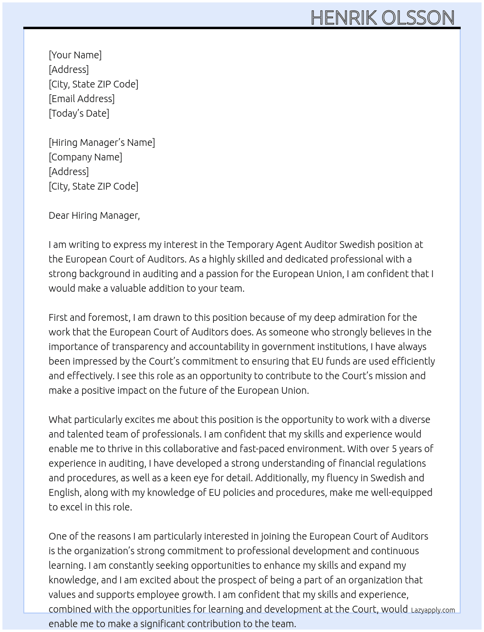 Temporary Agent Auditor Swedish  At European Court of Auditors Cover Letter