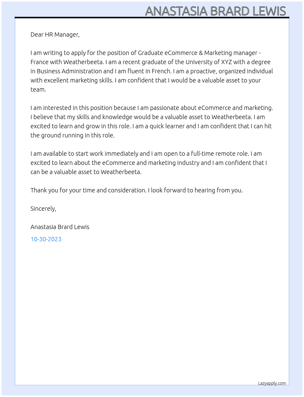 Graduate eCommerce & Marketing manager - France  At Weatherbeeta  Cover Letter
