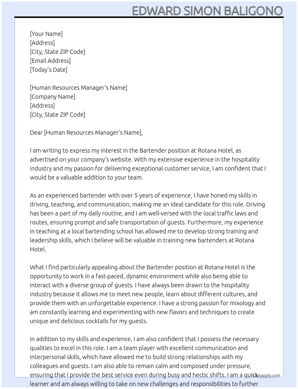 Bartender At Rotana hotel Cover Letter