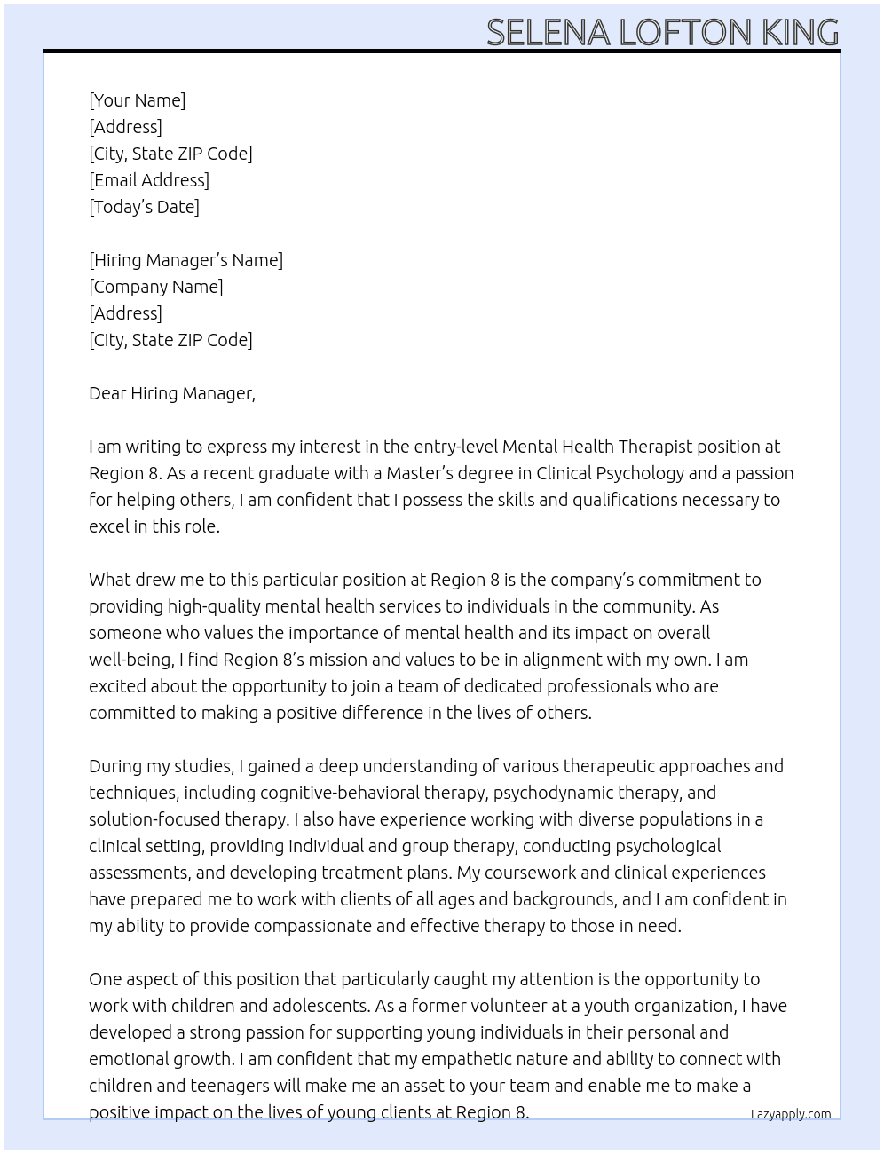 Mental Health Therapist At Region 8 Cover Letter