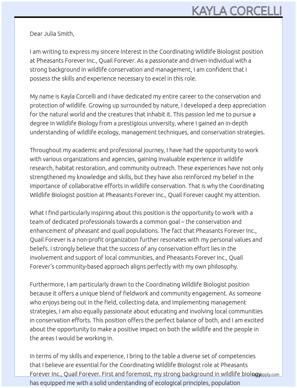 Coordinating Wildlife Biologist At Pheasants Forever Inc., Quail Forever Cover Letter