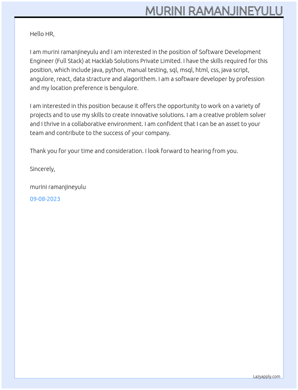 Software Development Engineer (Full Stack) At Hacklab Solutions Private Limited Cover Letter