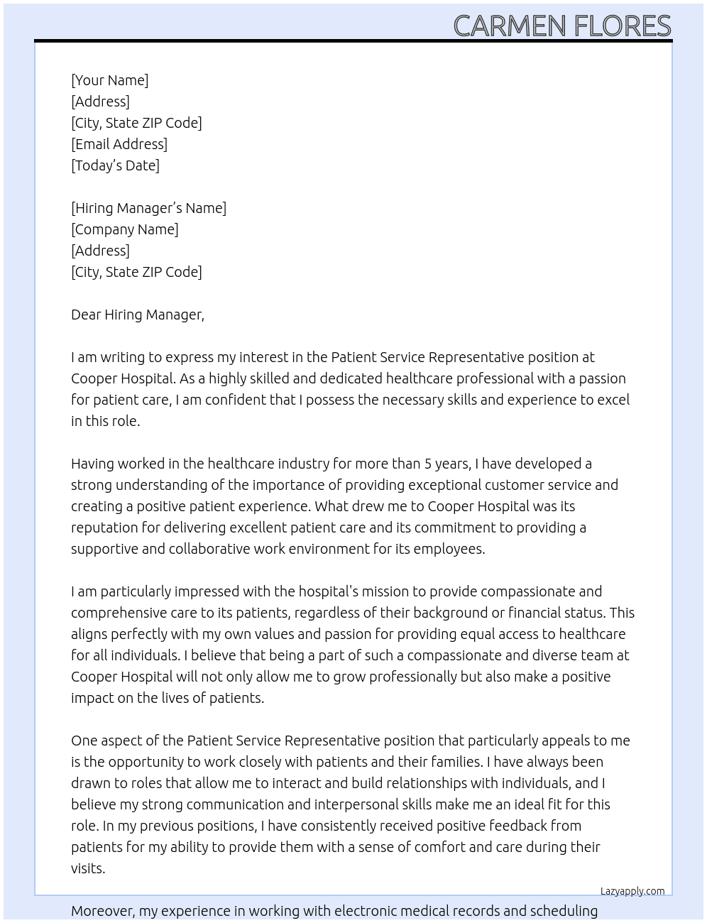 patient service representative At Cooper Hospital Cover Letter