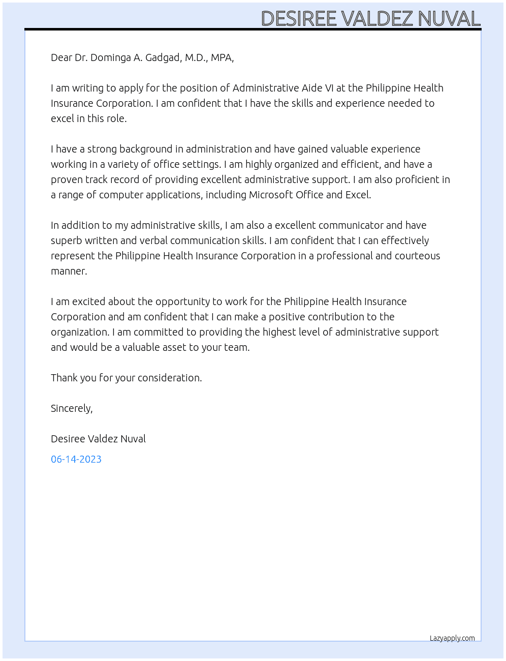  Administrative Aide VI  At Philippine Health Insurance Corporation Cover Letter