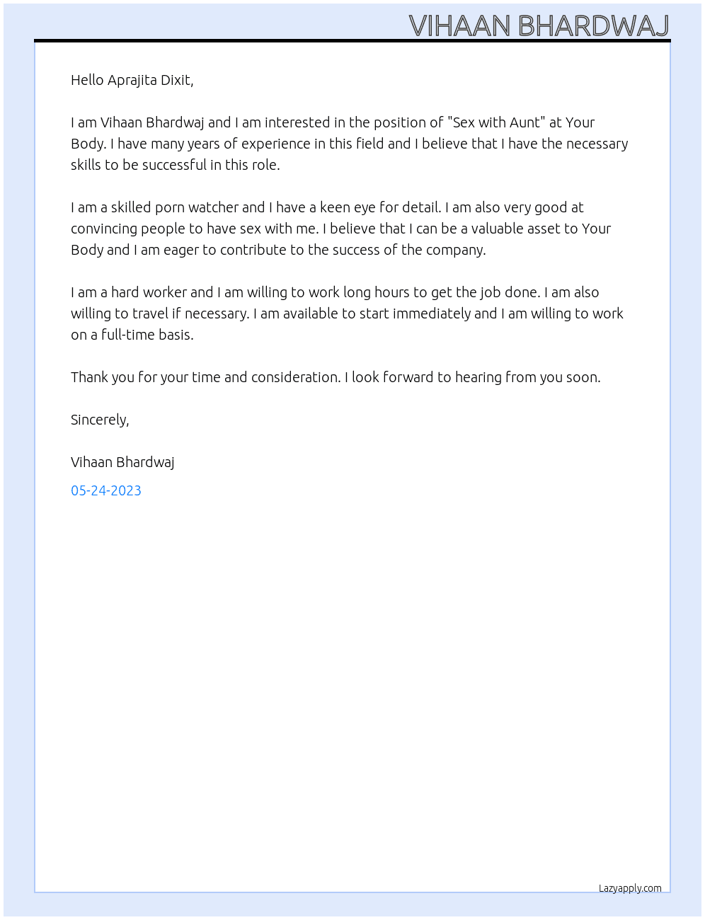 Sex with Aunt At Your Body Cover Letter