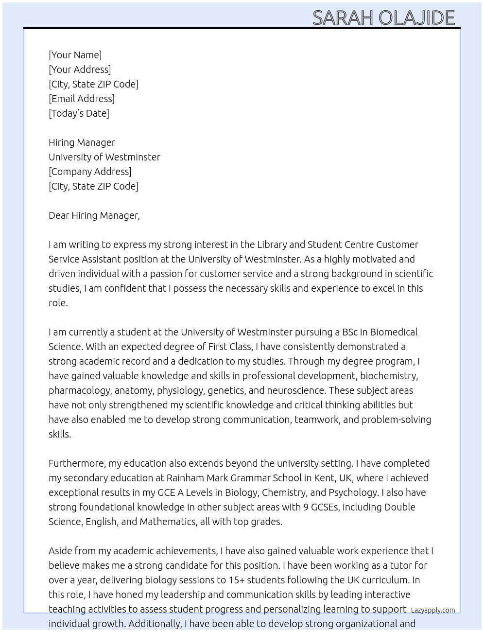 Library and Student Centre Customer Service Assistant At University of Westminster  Cover Letter