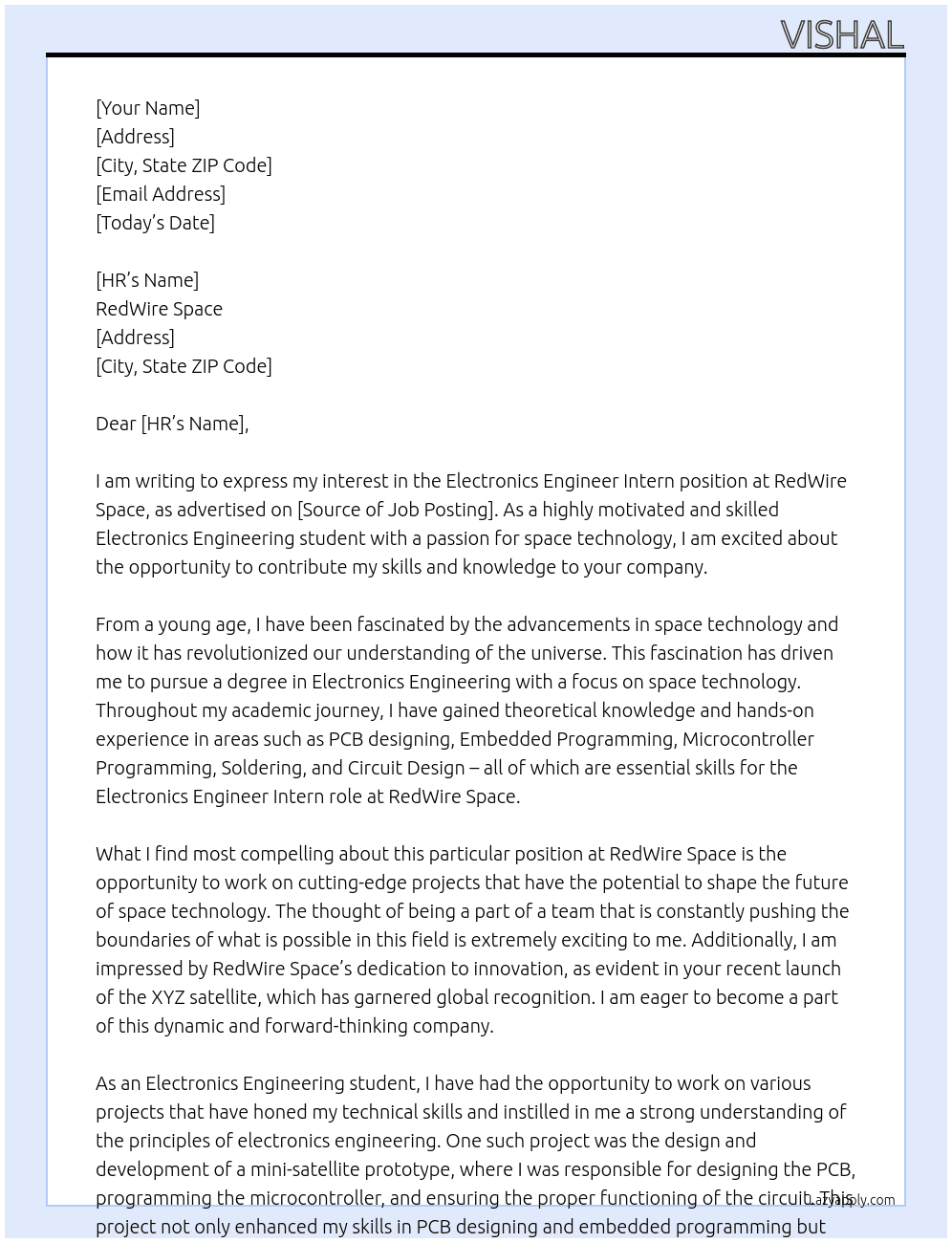 Electronics Engineer Intern At RedWire Space Cover Letter
