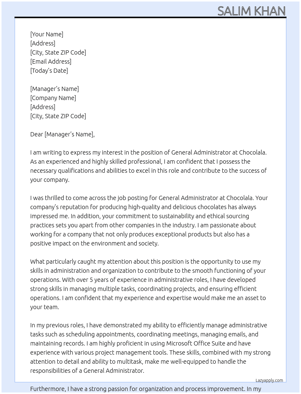 General Administrator At Chocolala Cover Letter