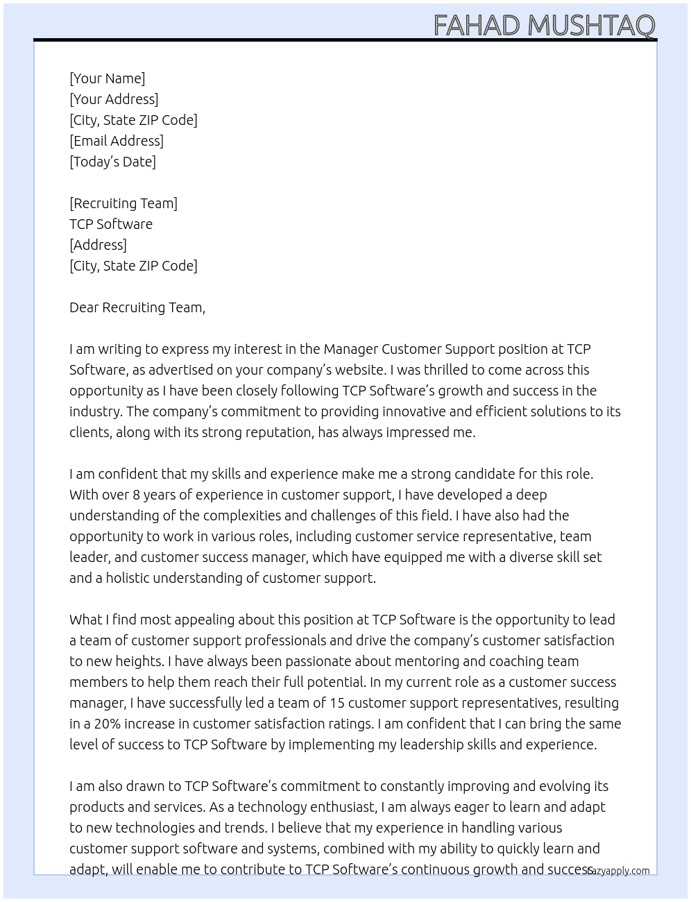 Manager Customer Support At TCP Software Cover Letter