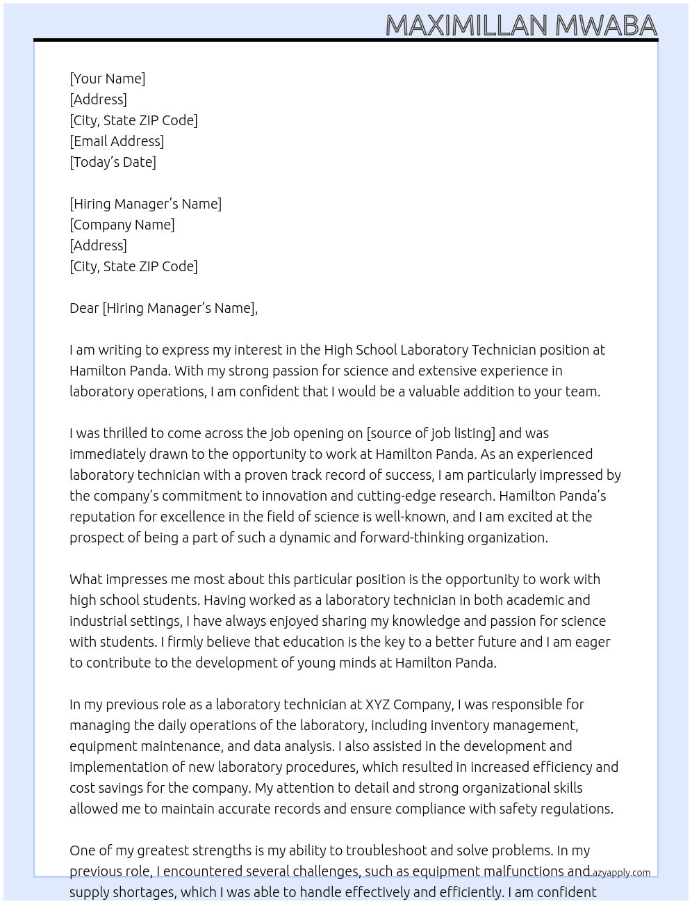 High school laboratory technician  At Hamilton Panda Cover Letter