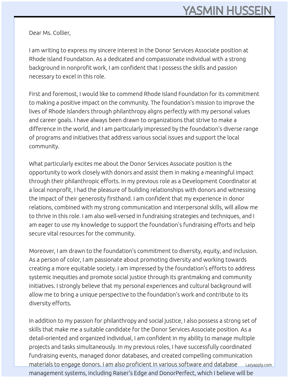 Donor Services Associate  At Rhode Island Foundation  Cover Letter