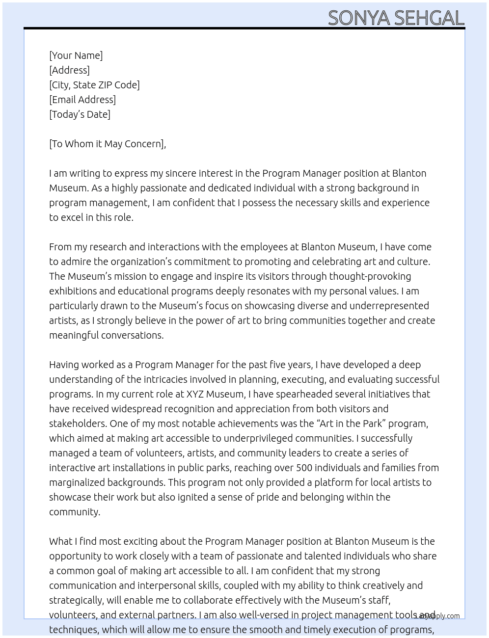 Program Manager At Blanton Museum Cover Letter