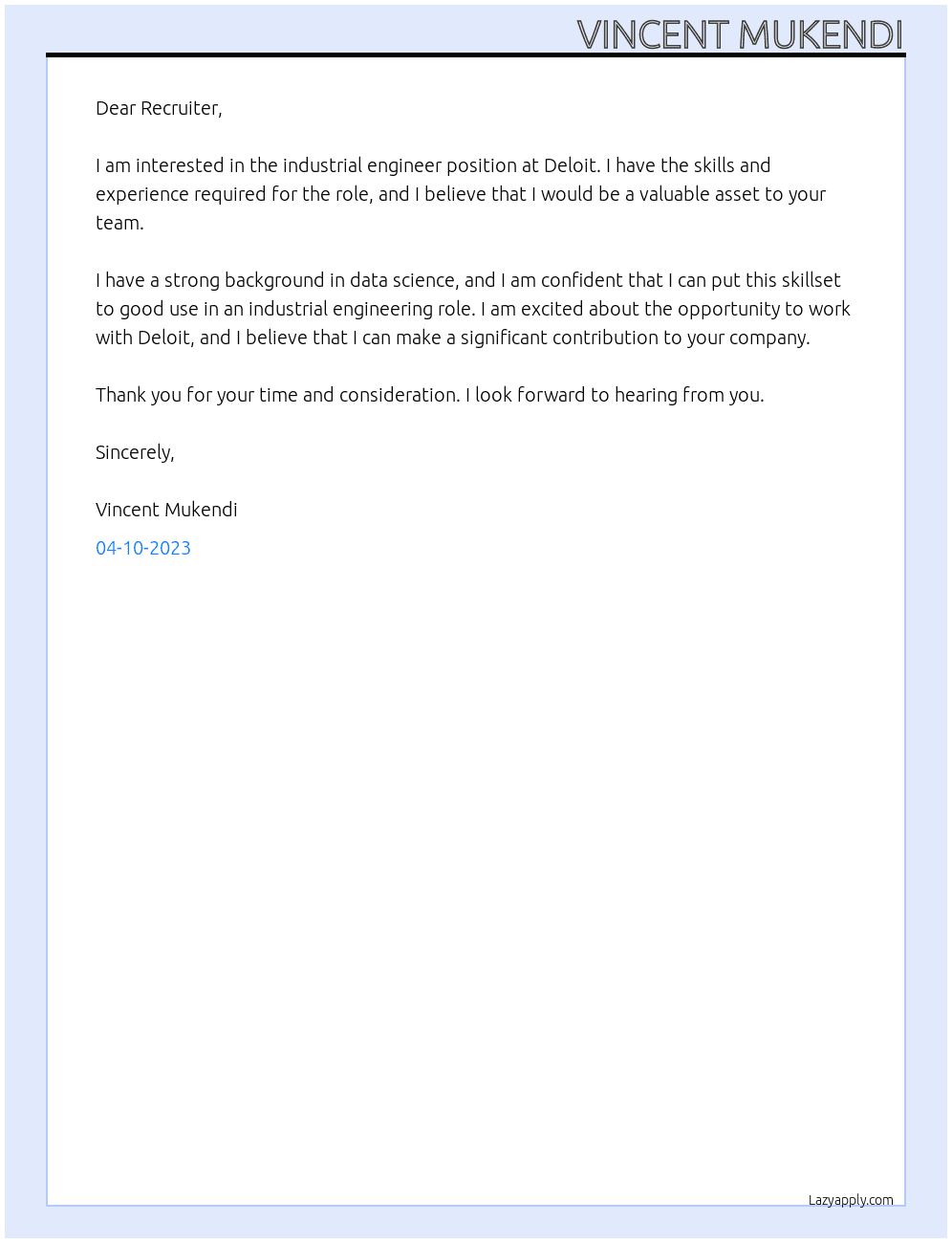 industrial Engineer At Deloit Cover Letter