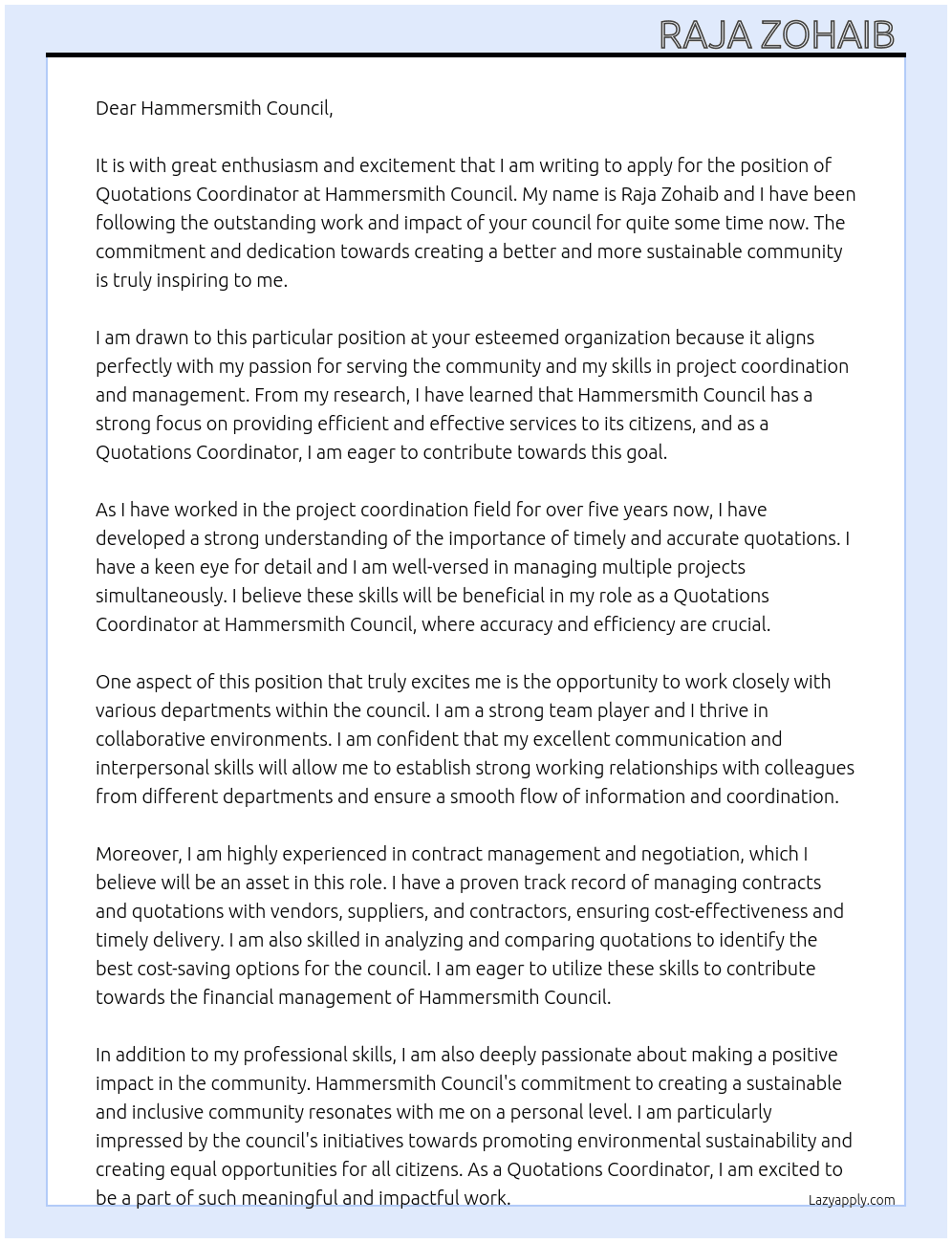 Quotations Coordinator  At Hammersmith council  Cover Letter
