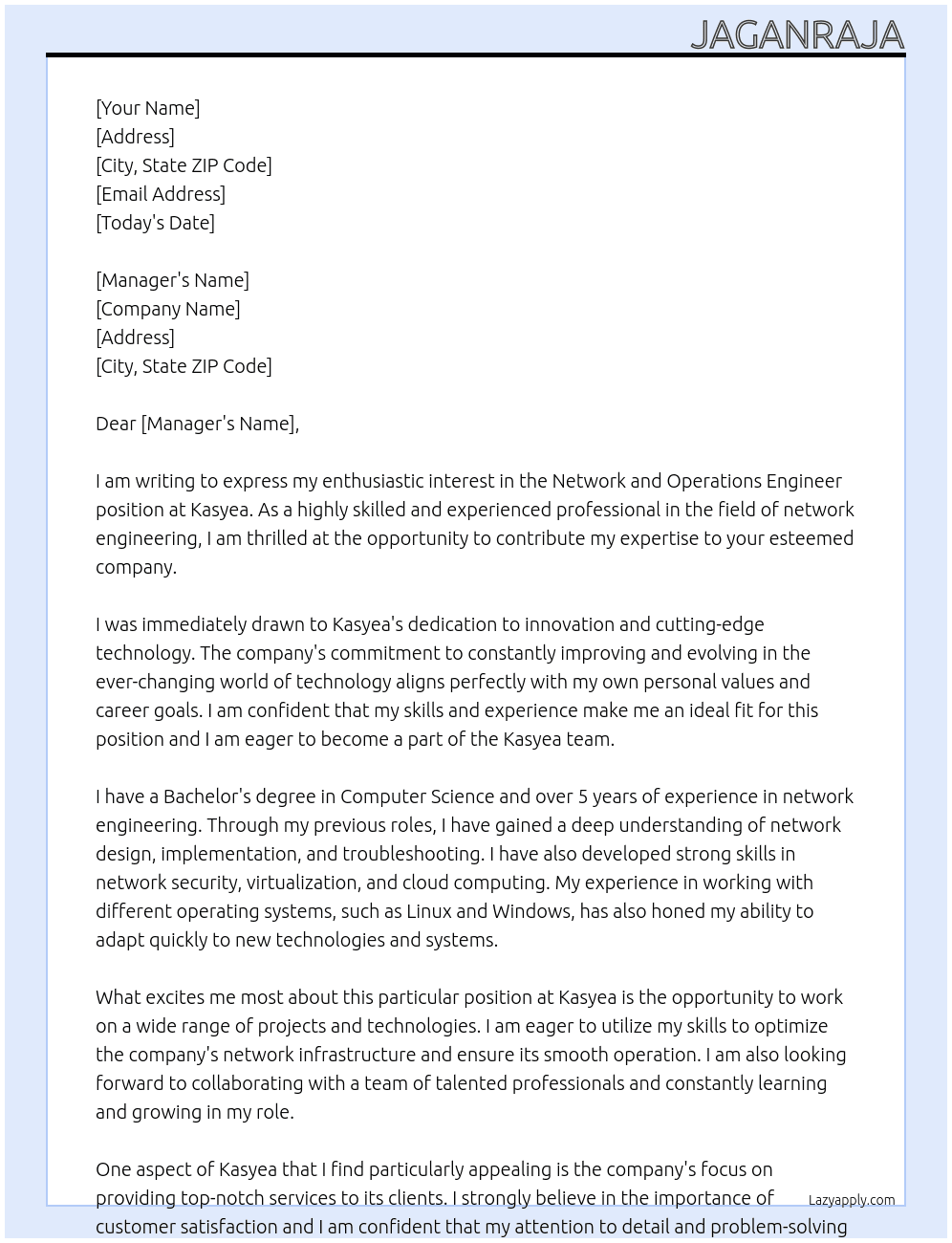 Network and Operations Engineer  At Kasyea Cover Letter