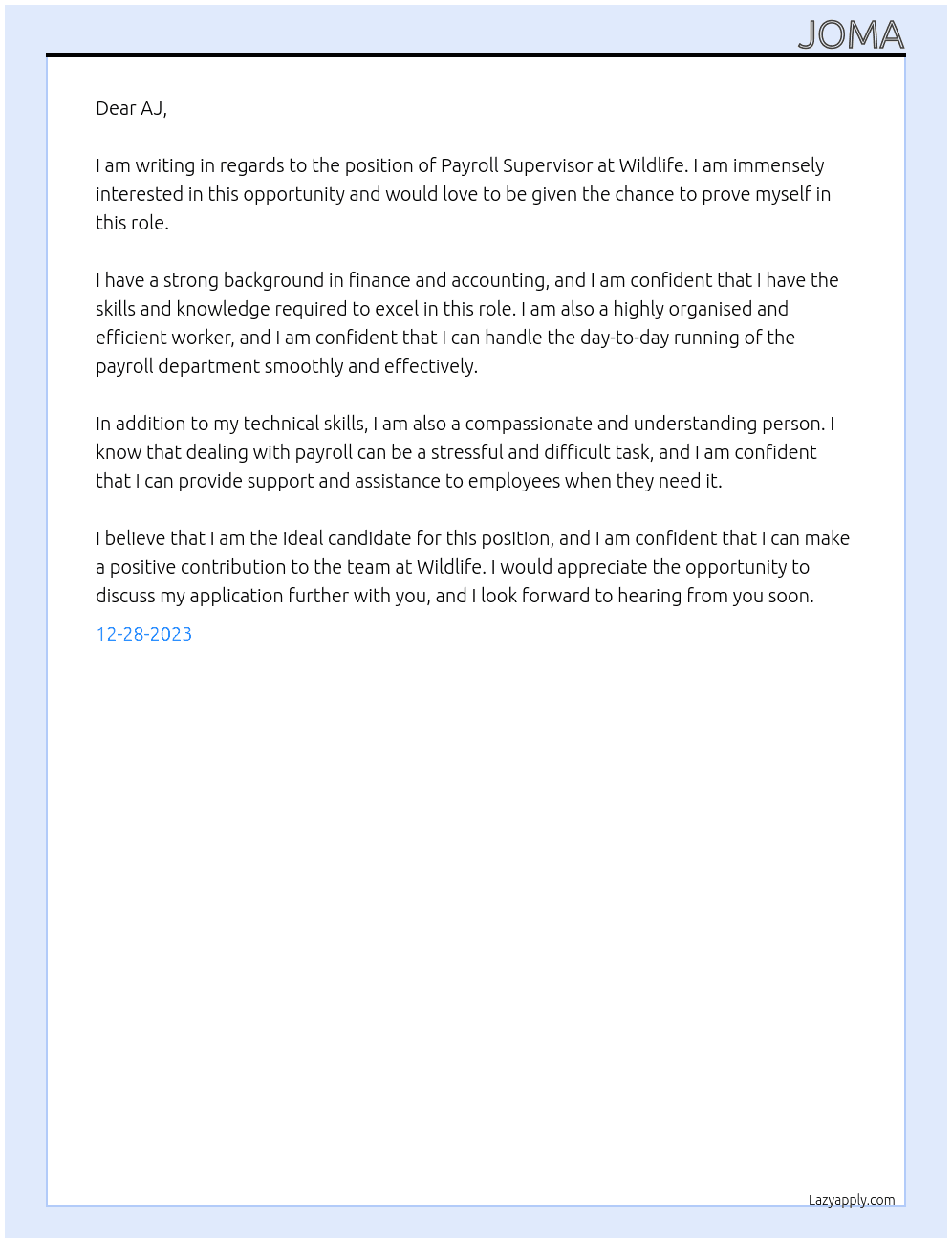 Payroll Supervisor At Wildlife  Cover Letter
