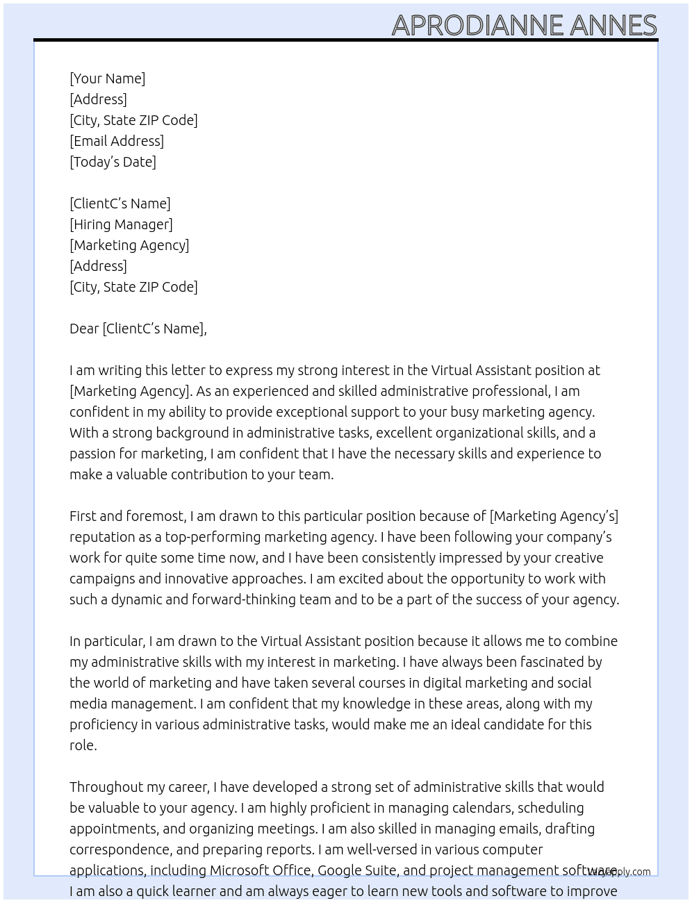 Virtual Assistant for a Busy Marketing Agency At  Marketing Agency Cover Letter
