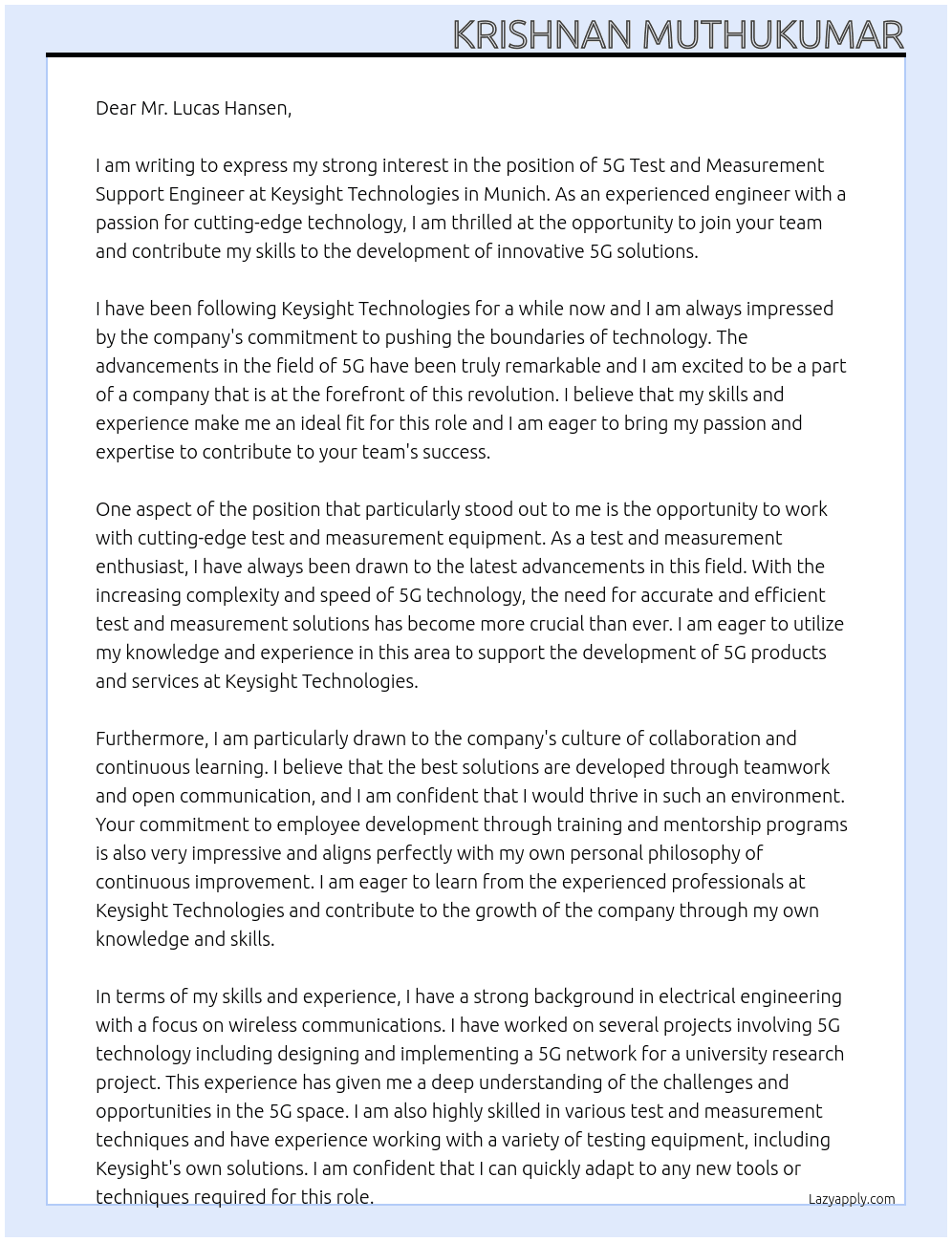 5G Test and Measurement Support Engineer At Keysight Technologies, Munich Cover Letter