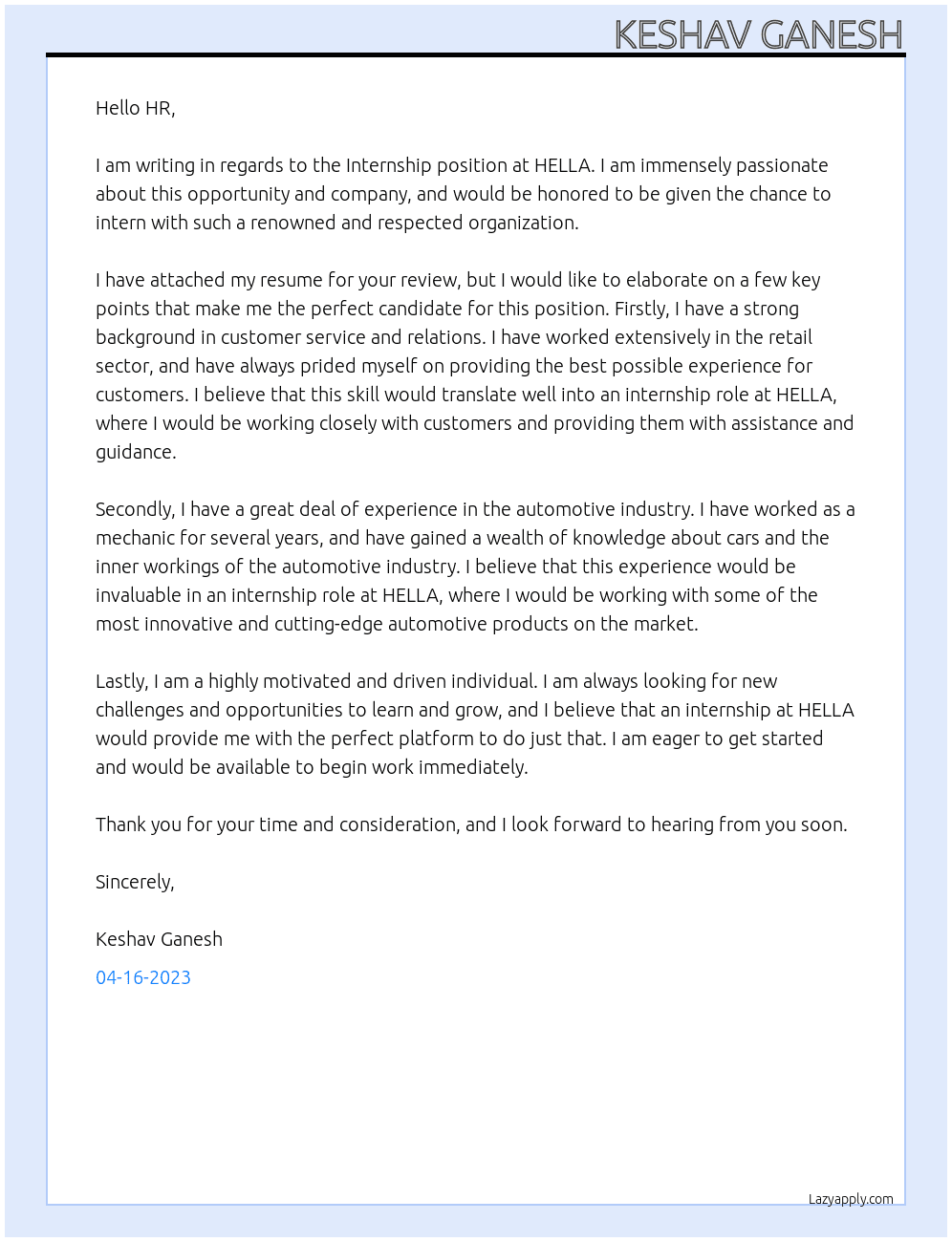 Internship At HELLA Cover Letter