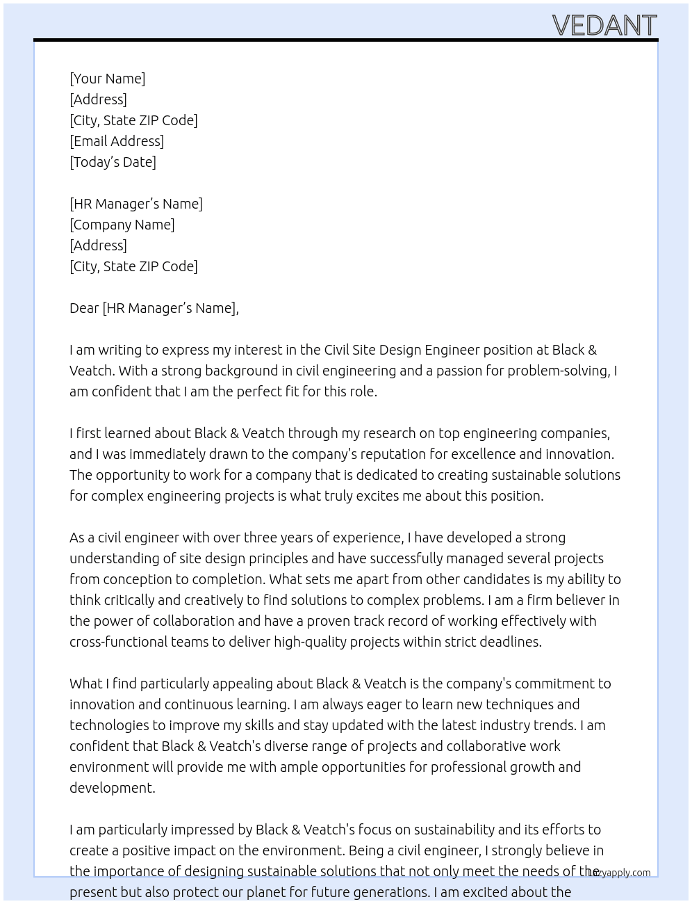 Civil site Design engineer  At Black & Veatch Cover Letter
